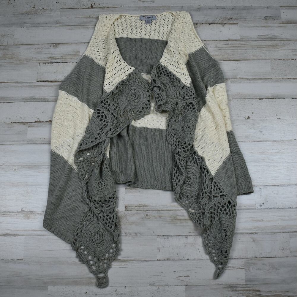 Vintage Cottagecore Knit Sweater Vest Women's Small Cream Green Open Cardigan S